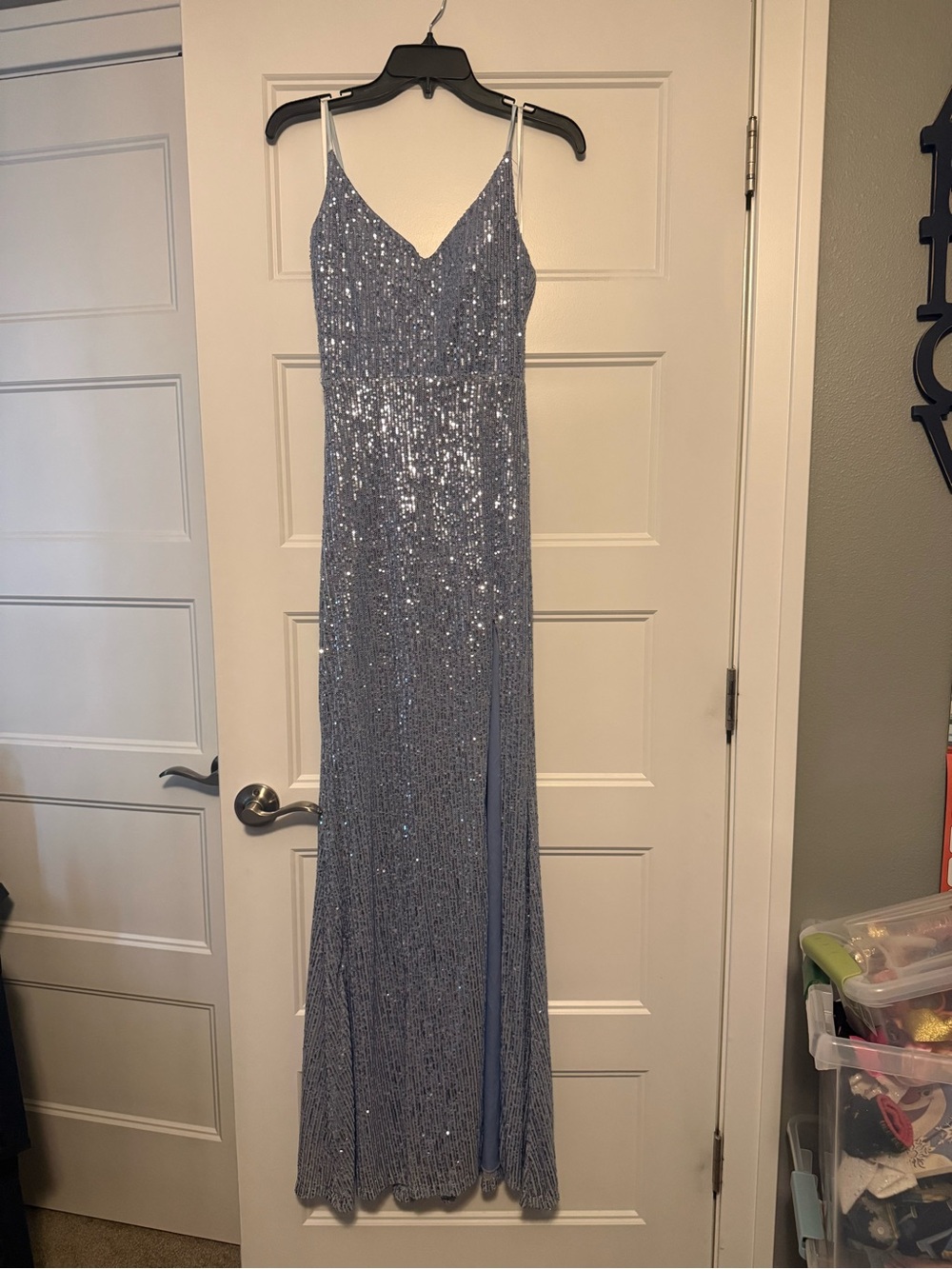 B Darlin Light Blue Sequin V-Neck Spaghetti Strap Gown